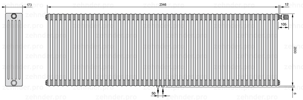 Схема (чертеж) Радиатор Zehnder Charleston 5200/51 №V008 Белый глянцевый RAL 9016